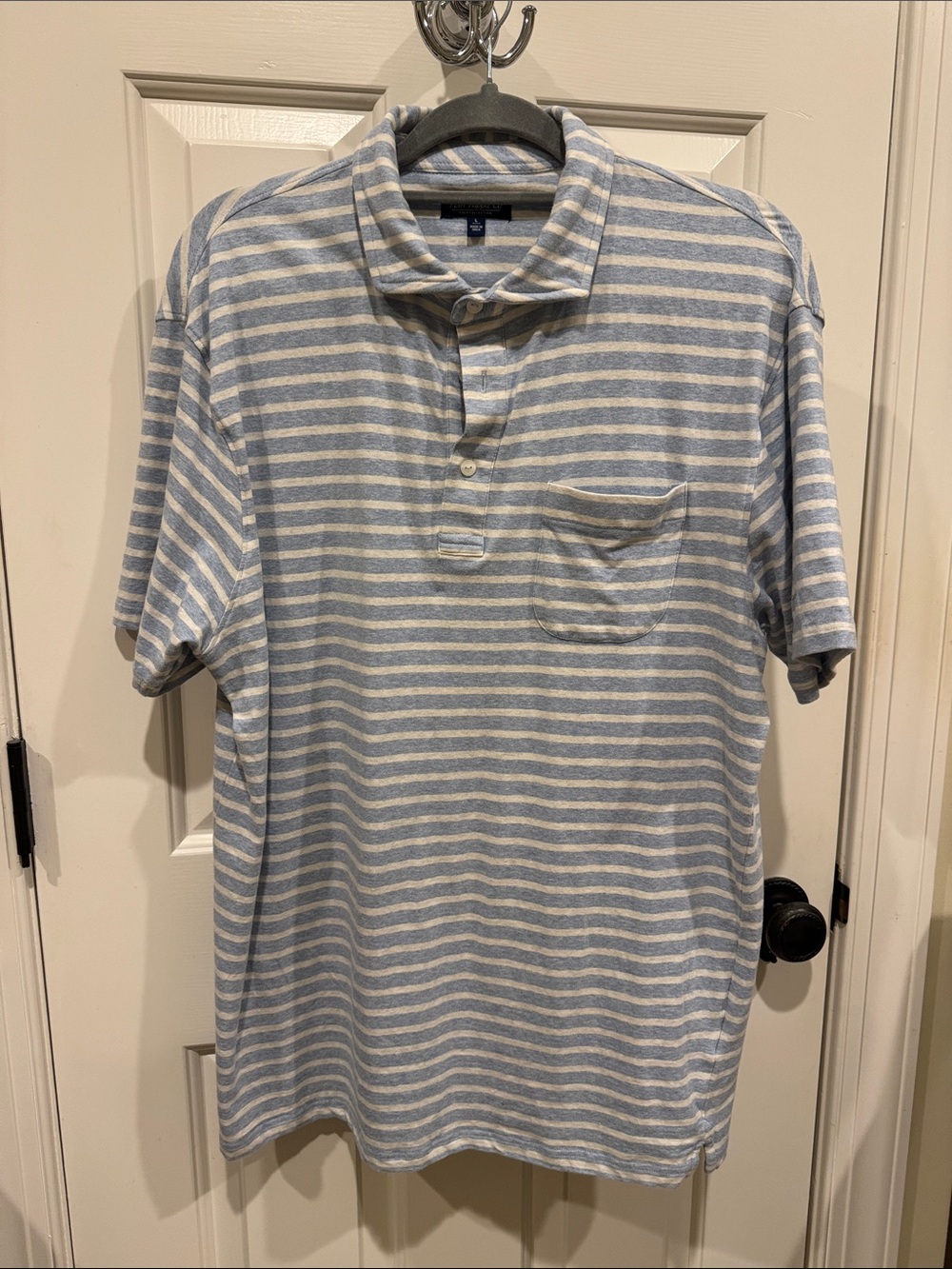Men's Light Blue & White Striped Polo Shirt Fish Hippie